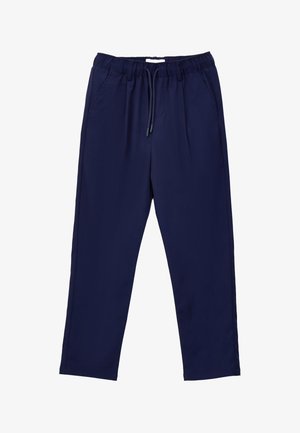 Pantaloni casual blu navy con vita elastica, chiusura con coulisse e tasche laterali, disposti distesi su uno sfondo bianco.
