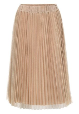 Pleated midi skirt in light beige, made of sheer fabric. Features a stretchy waistband and layered texture for movement.