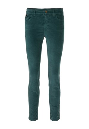Teal-farbene, taillierte Hose aus weichem Material, mit klassischem Fünf-Taschen-Design, Gürtelschlaufen und einem knöpfbaren Frontverschluss.