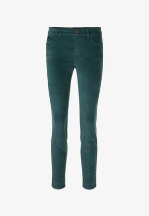 Teal-farbene, taillierte Hose aus weichem Material, mit klassischem Fünf-Taschen-Design, Gürtelschlaufen und einem knöpfbaren Frontverschluss.