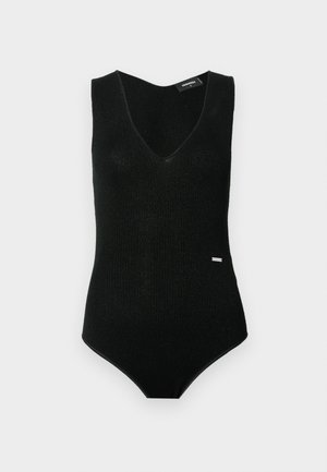 Črn pleten bodysuit z V-izrezom in brez rokavov. Ima subtilno teksturo in majhno oznako na strani.