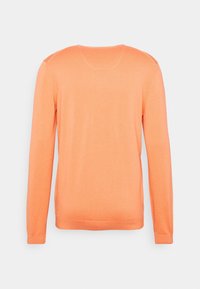 Pull tricoté à manches longues de couleur orange clair vu de dos, avec un col rond et des poignets et une base côtelés.