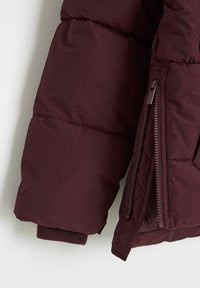 Burgundowa kurtka puchowa z pikowanymi sekcjami, z kieszenią na suwak na rękawie i ściągaczami dla dodatkowego ciepła. Gładka tekstura materiału.