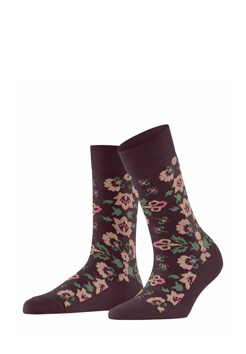 Dunkellila Socken mit floralen Mustern in Pink und Grün, mit geripptem Saum und glatter Textur. Entworfen für Komfort und Stil.