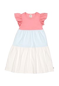 Rosa kurzärmliges Kleid mit Rüschendetails, featuring einen blauen Mittelteil und einen weißen Rock, aus weichem Stoff mit einem gerafften Design gefertigt.