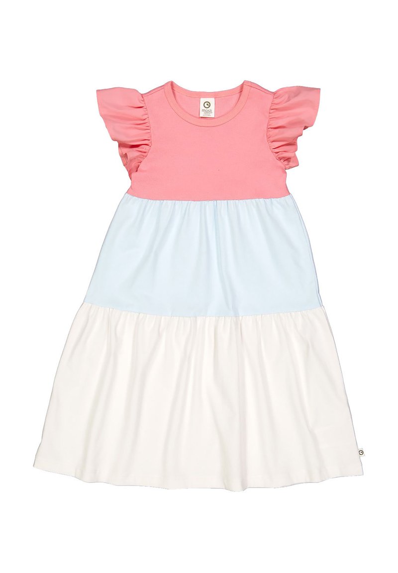 Rosa kurzärmliges Kleid mit Rüschendetails, featuring einen blauen Mittelteil und einen weißen Rock, aus weichem Stoff mit einem gerafften Design gefertigt.