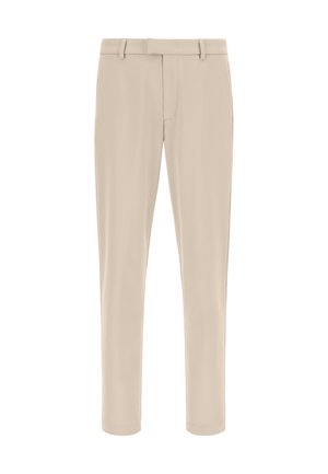 Beige maßgeschneiderte Hose aus glattem Stoff, mit flachem Bund, Gürtelschlaufen und geradem Bein, ohne sichtbare Muster.