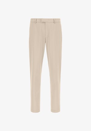 Beige tailored trousers made of smooth fabric, featuring a flat front, belt loops, and straight-leg design with no visible patterns.