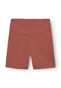 Pantalones cortos deportivos cortos de color rojo óxido, hechos de una tela suave. Tienen un diseño ajustado con una ligera forma en V en la cintura.