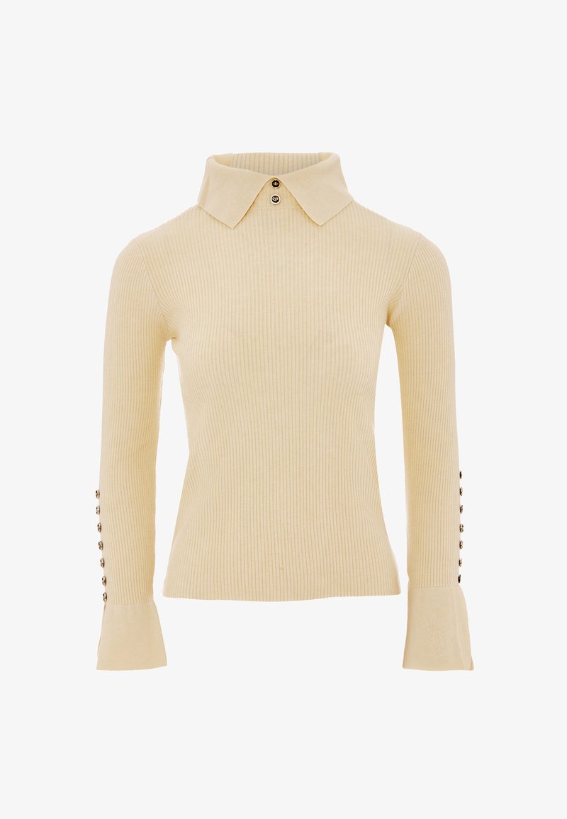 Beige gestreifter Pullover mit Kragen, langen Ärmeln mit Knopfdetails und ausgestellten Manschetten. Hergestellt aus einem weichen, strukturierten Material.
