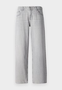 Ljusgrå vida jeans i denim, med en klassisk femfickedesign, knäppning och synliga sömdetaljer.