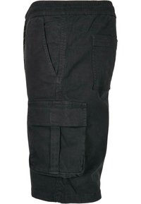 Schwarze Cargo-Shorts mit einem elastischen Bund, Seitentaschen und zwei großen Cargo-Taschen an den Oberschenkeln. Hergestellt aus strapazierfähigem Stoff.