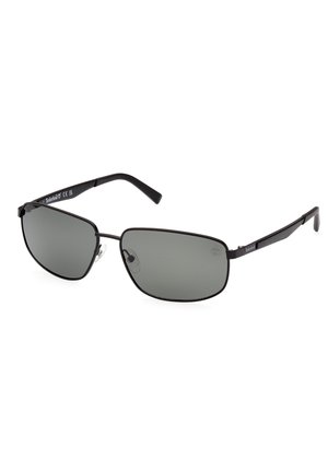 Occhiali da sole in metallo nero con lenti grigie. Forma rettangolare con tempie sottili e imbottite e naselli. Branding minimal sulla tempia.