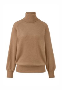 Brauner Rollkragenpullover aus weichem Stoff. Mit Raglanärmeln, gerippten Bündchen und Saum für eine lockere Passform. Glatte Textur, minimalistisches Design.