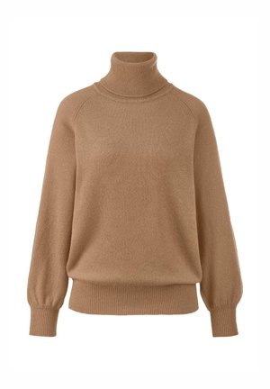 Bruine coltrui van zacht materiaal. Heeft raglanmouwen, geribbelde boorden en een zoom voor een relaxte pasvorm. Soepele textuur, minimalistisch ontwerp.