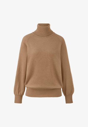 Brauner Rollkragenpullover aus weichem Stoff. Mit Raglanärmeln, gerippten Bündchen und Saum für eine lockere Passform. Glatte Textur, minimalistisches Design.