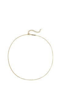 Naszyjnik w kolorze złota z cienkim, elastycznym łańcuszkiem, wyposażony w delikatny, regulowany łańcuszek przedłużający umożliwiający dostosowanie długości.