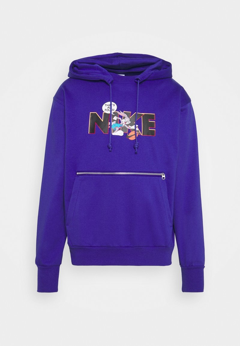 Sweat à capuche violet avec poche zippée à l'avant, cordons de serrage, et Bugs Bunny appuyé sur le texte "NIKE" en noir et orange disant "That's all folks !"