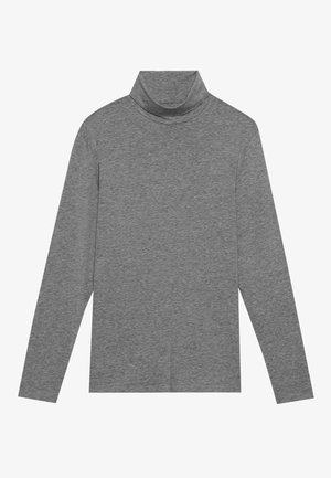 Gray turtleneck long-sleeve shirt made from soft fabric. Features a high collar and fitted sleeves, with a smooth texture and simple design.