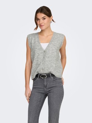 Gray, sleeveless cardigan with a V-neck design, featuring a button front, paired with dark gray jeans and a black belt. Smooth texture.