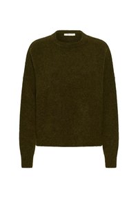 Tumši zaļš, vilnas džemperis ar apaļu kaklu, garām piedurknēm un brīvu piegriezumu. Mīksta tekstūra, minimāls dizains, bez redzamām rakstainām vai akcentu detaļām.