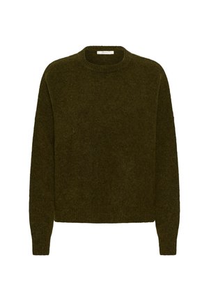 Diep groene, wollen trui met een ronde hals, lange mouwen en een relaxte pasvorm. Zachte textuur, minimalistisch ontwerp, geen zichtbare patronen of accenten.