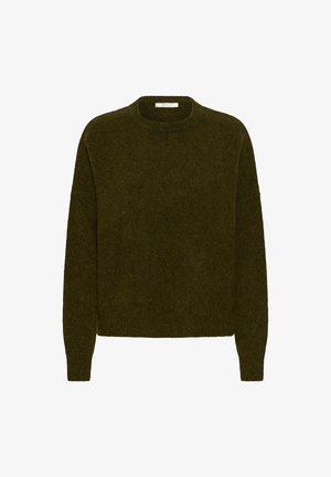 Pull en laine vert foncé, à col rond, à manches longues et à coupe décontractée. Texture douce, design minimal, sans motifs ni accents visibles.