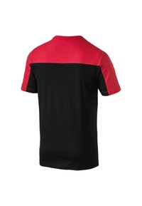 Koszulka z krótkim rękawem, charakteryzująca się czarnym korpusem i jednolitym czerwonym górnym panelem. Wykonana z bawełny, ma okrągły dekolt i kontrastowe szwy.