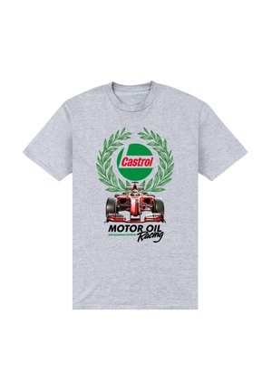 Szara koszulka z czerwonym samochodem Formuły 1, zielonym wieńcem laurowym, logo Castrol oraz napisem "Motor Oil Racing" w czerni i zieleni.