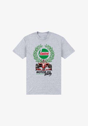 Grijs T-shirt met een rode Formule 1-auto, een groene lauwerkrans, Castrol-logo en de tekst "Motor Oil Racing" in zwart en groen.