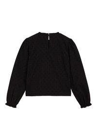 Svart långärmad topp med ett texturerat mönster, nyckelhål bak och uppsamlade manschetter. Rakt snitt, med lätt tyg och hög krage.