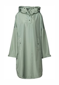 Jasnozielony, półprzezroczysty płaszcz przeciwdeszczowy z kapturem, z zatrzaskiem i dwiema przednimi kieszeniami. Posiada szerokie rękawy i luźny krój.