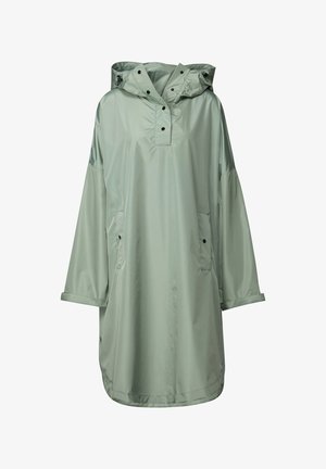 Lys grøn, semi-gennemsigtig regnponcho med hætte, trykknaplukning og to forlommer. Har brede ærmer og en løs pasform.