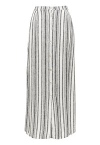 Jupe longue en lin rayée en blanc et noir, dotée d'une fermeture à boutons sur le devant, d'une taille élastique et d'une coupe décontractée avec une silhouette légèrement évasée.
