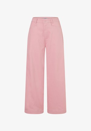 Pantalon rose à jambes larges avec passants de ceinture, bouton frontal et poches, présenté à plat sur fond blanc.