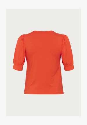 Kratka oranžna majica s kratkimi rokavi, izdelana iz mehkega materiala, z okroglo ovratnikom in nabranimi rokavi, ki so pri ramah nabran.