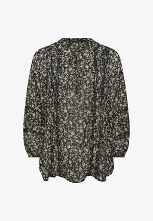 Camicia nera trasparente con stampa floreale bianca, maniche lunghe, dettaglio con coulisse al collo e pannelli verticali di pizzo decorativi.