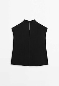 Black sleeveless top with a high neckline, featuring a back keyhole opening, made from smooth fabric, and a straight cut design.
