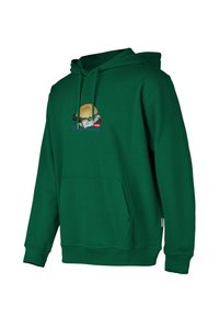 Green hoodie made of cotton blend with a front pocket. Features a graphic design of a sandwich and the year "1941" stitched below.