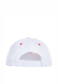 Cappellino da baseball bianco con visiera curva, dotato di dettagli rossi sul retro e una fodera a disegno colorato. Cinghia regolabile per adattabilità.