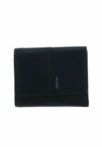 Portefeuille en cuir noir avec fermeture à rabat, logo de la marque embossé et design rectangulaire élégant. Texture lisse avec des détails de couture subtils.