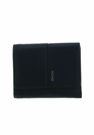 Portefeuille en cuir noir avec fermeture à rabat, logo de la marque embossé et design rectangulaire élégant. Texture lisse avec des détails de couture subtils.