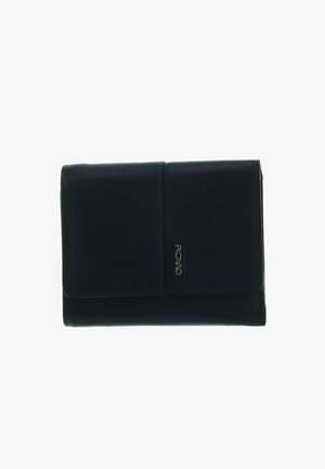 Portefeuille en cuir noir avec fermeture à rabat, logo de la marque embossé et design rectangulaire élégant. Texture lisse avec des détails de couture subtils.