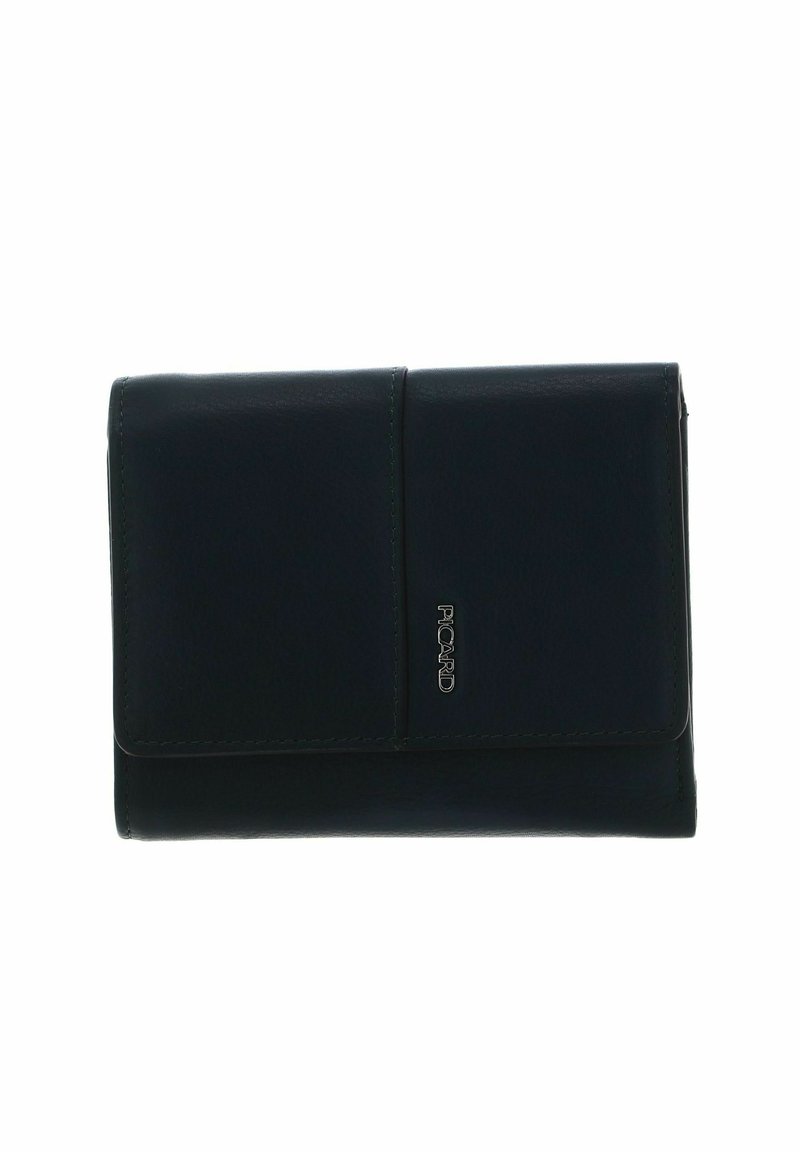 Portefeuille en cuir noir avec fermeture à rabat, logo de la marque embossé et design rectangulaire élégant. Texture lisse avec des détails de couture subtils.