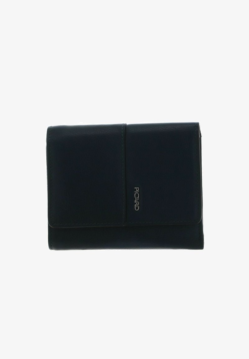 Portefeuille en cuir noir avec fermeture à rabat, logo de la marque embossé et design rectangulaire élégant. Texture lisse avec des détails de couture subtils.