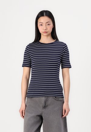 Navy blue striped t-shirt with short sleeves, round neckline, and a fitted design. Horizontal white stripes and smooth fabric texture.