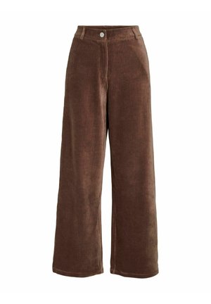Braune Cord-Hosen mit weitem Bein und vertikaler Rippstruktur, ausgestattet mit einem vorderen Knopfverschluss und zwei seitlichen Taschen.