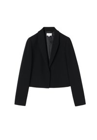 Blazer negro corto de tejido suave, con cuello de pico, cierre de un botón y mangas largas.