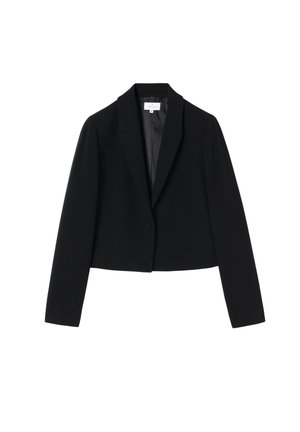 Black cropped blazer made of smooth fabric, featuring a notched collar, single button closure, and long sleeves.