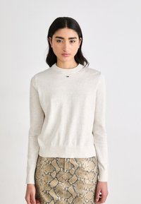Pull en tricot beige avec un col rond, des manches longues et un petit logo rouge, blanc et bleu sur la poitrine, associé à une jupe à motif serpent.